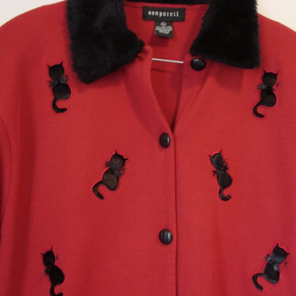 Red Knit Cardigan Sweater Jacket Faux Fur Collar Black Cats Size Medium Large XL - Picture 6 of 11